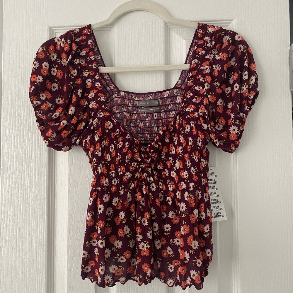 UO Angelo Smocked Bodice Puff Sleeve Top in berry